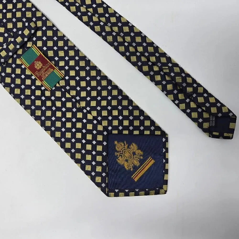 EQUESTRIAN FIRENZE SILK TIE BLUE YELLOW GEOMETRIC FOULARD SATIN 3.75